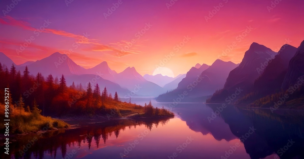 Obraz premium A breathtaking sunset paints the sky with hues of pink and orange, casting a warm glow over a serene lake surrounded by majestic mountains The calm waters reflect the