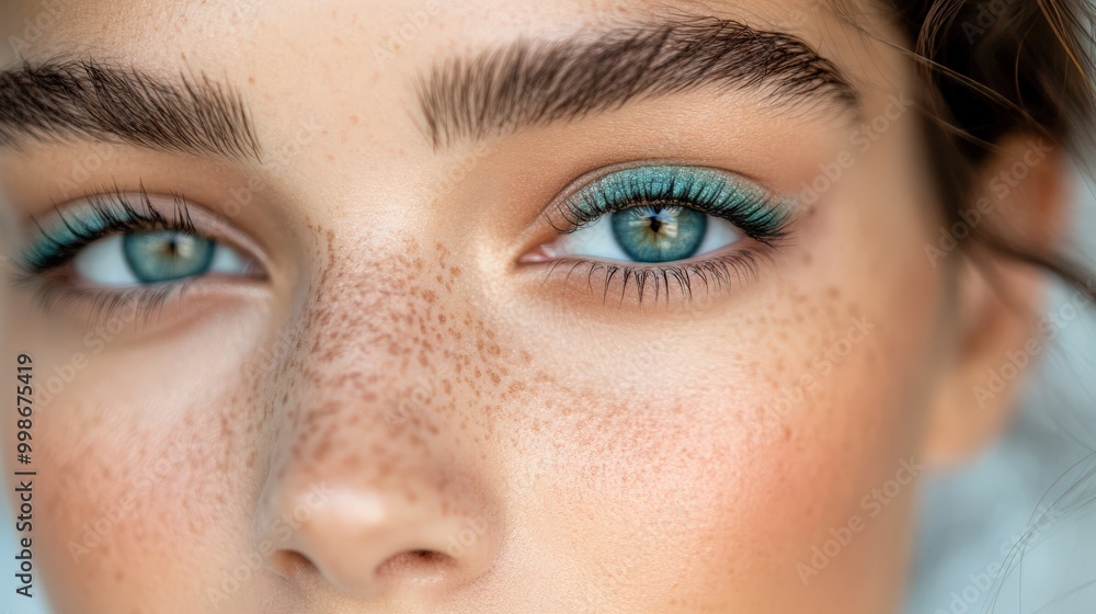 Fototapeta premium Minimalist beauty with blue eyeshadow and freckles for spring makeup inspiration