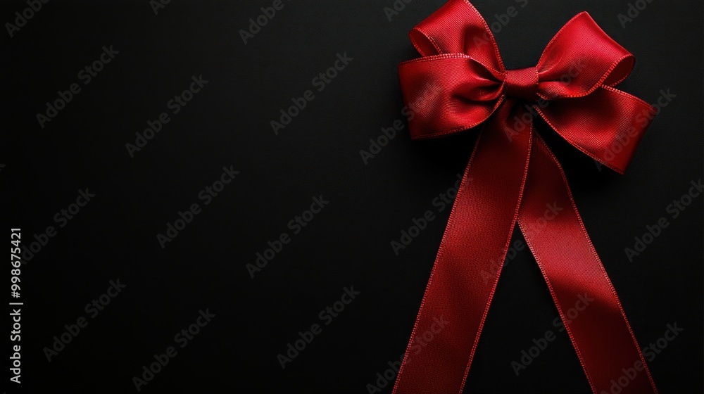 A red satin ribbon tied in a bow on a black background. A red satin ribbon tied in a bow on a black background.