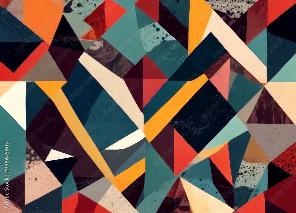 a vibrant abstract composition featuring a variety of geometric shapes and colors, including triangles, rectangles, and squares, arranged in a visually a vibrant abstract composition featuring a variety of geometric shapes and colors, including triangles, rectangles, and squares, arranged in a visually