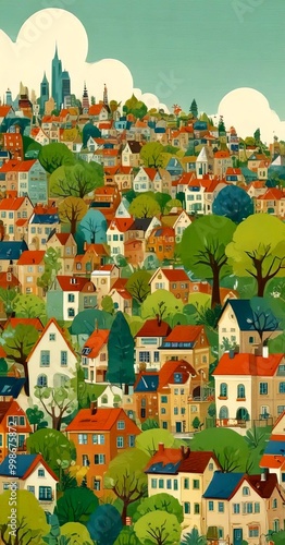 a vibrant, densely populated cityscape with a variety of colorful houses and buildings, set against a backdrop clear blue sky and a distant skyline