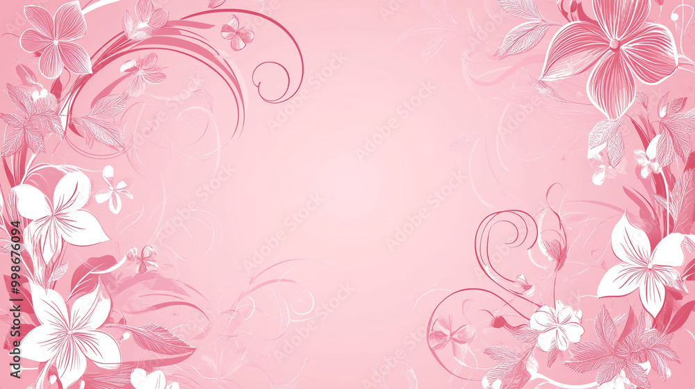 Pink floral background with swirls and pink flowers on a white background. Pink floral background with swirls and pink flowers on a white background.