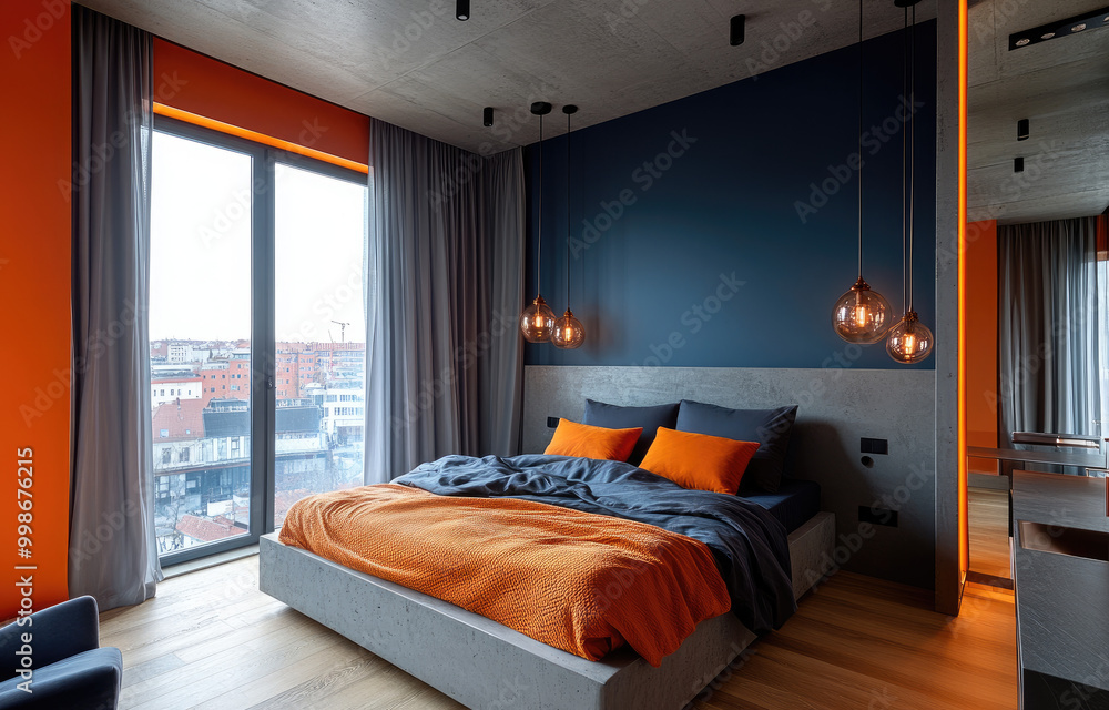 The bedroom of the modern-style high-rise apartment has an orange and gray color scheme, with concrete walls on one side The bedroom of the modern-style high-rise apartment has an orange and gray color scheme, with concrete walls on one side