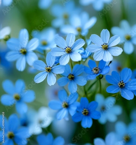 A close-up of delicate blue flowers with white centers, set against a blurred green background