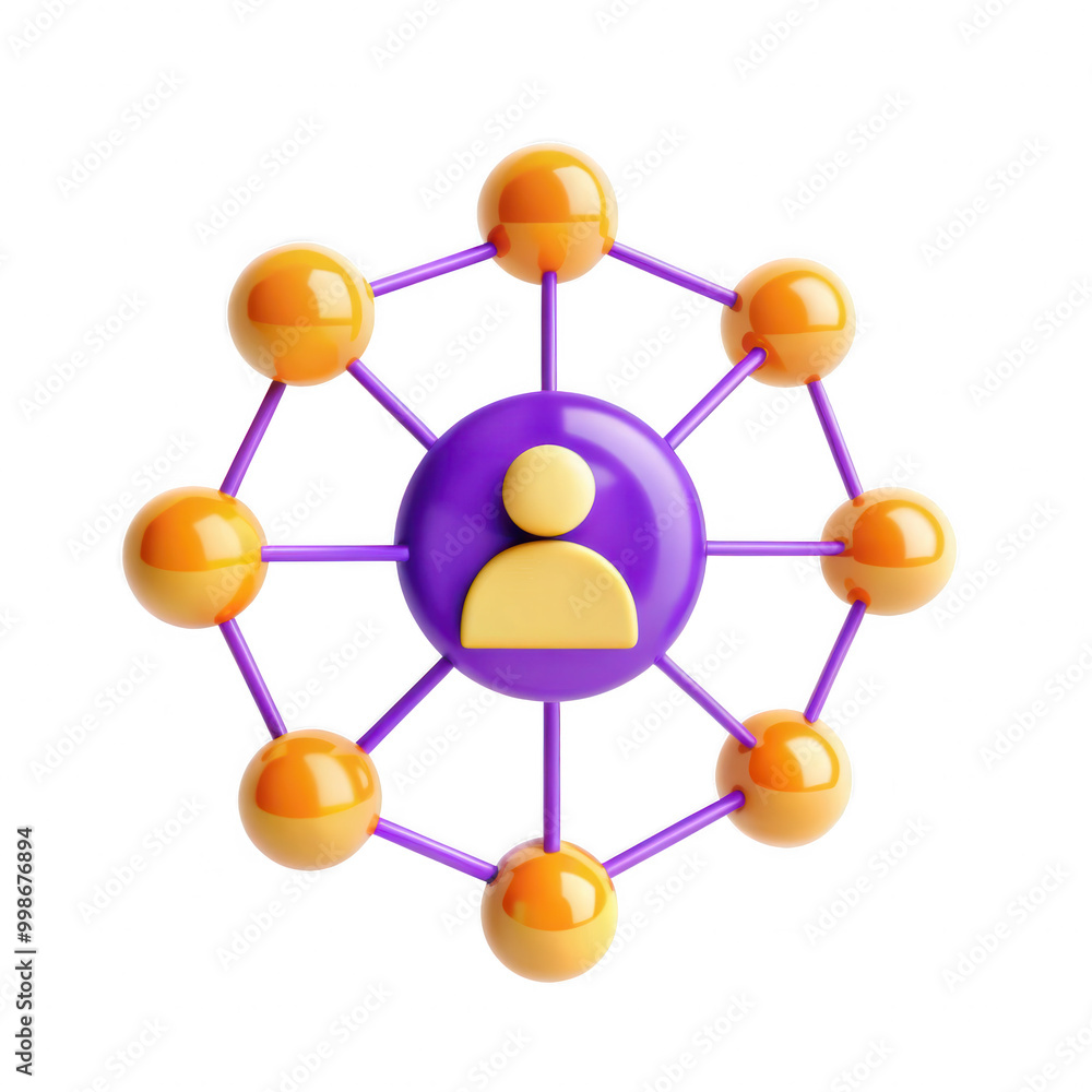 A 3D model illustrating a networking concept with colorful nodes and a central user icon. Modern design suitable for digital themes. A 3D model illustrating a networking concept with colorful nodes and a central user icon. Modern design suitable for digital themes.
