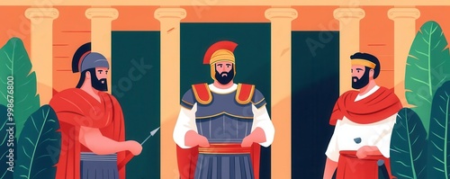 Gladiator reenactment at Pompeii Festival, entertainment and history, flat design illustration photo