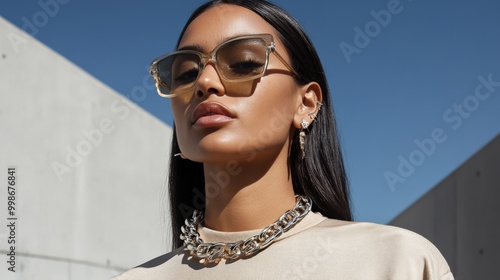 Trendy fashion statement necklace with edgy sunglasses for modern styling