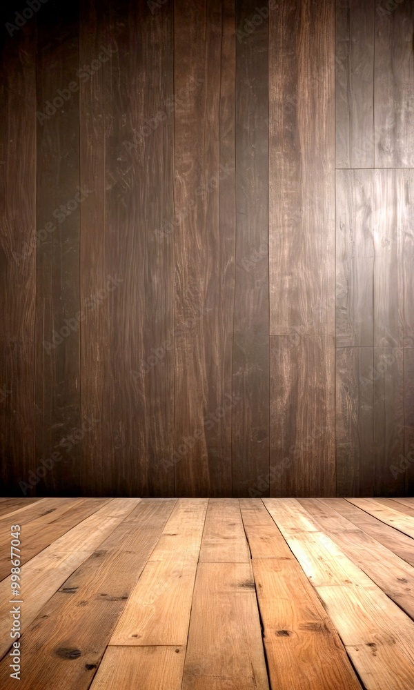 A dark wooden wall with vertical planks and a wooden floor in the foreground A dark wooden wall with vertical planks and a wooden floor in the foreground