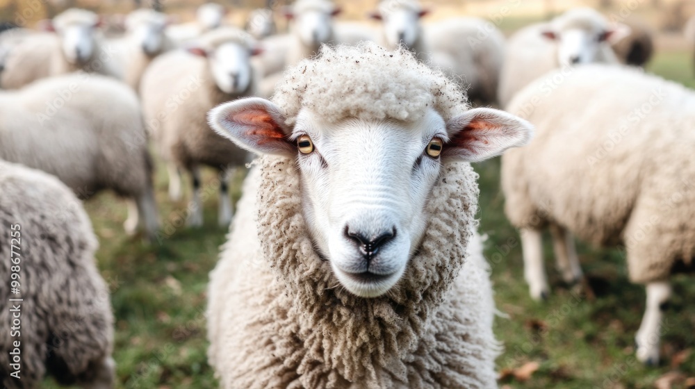Close-up of a sheep with soft white fur looking directly at the camera, surrounded by other sheep in a blurred background. Close-up of a sheep with soft white fur looking directly at the camera, surrounded by other sheep in a blurred background.