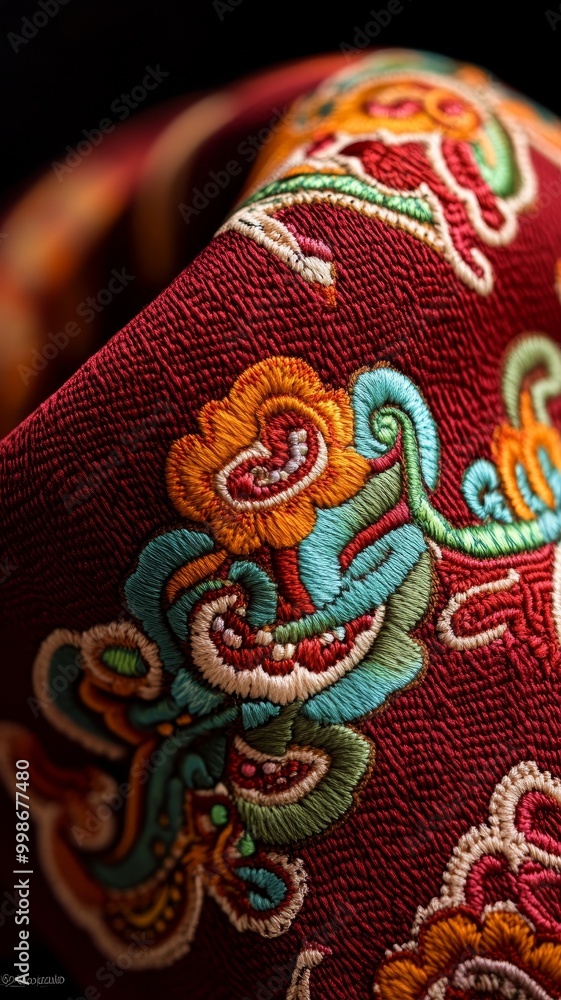 Close-up of intricate embroidery on a rich fabric background, showcasing vibrant colors and detailed patterns. Close-up of intricate embroidery on a rich fabric background, showcasing vibrant colors and detailed patterns.