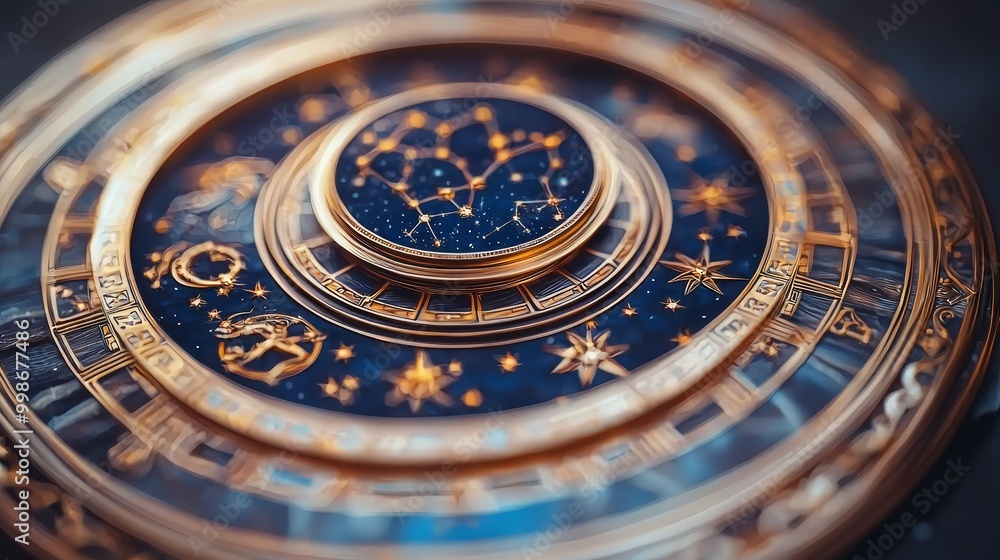 Naklejka premium Close-up of an ornate astrological chart with celestial symbols and vibrant colors, perfect for astronomy enthusiasts.