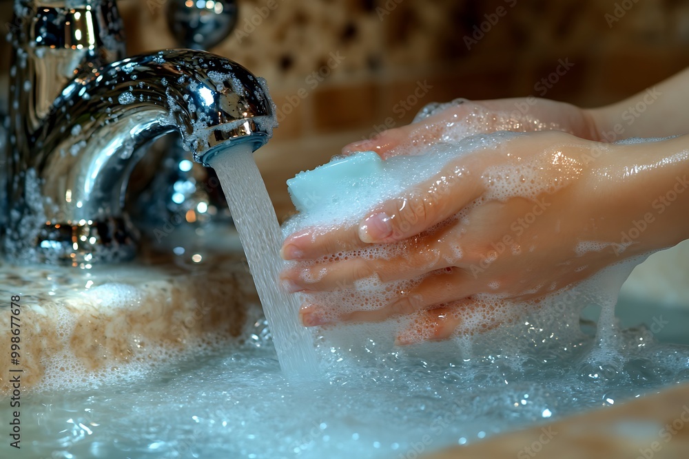 Fototapeta premium Washing Hands with Soap and Water in a Sink