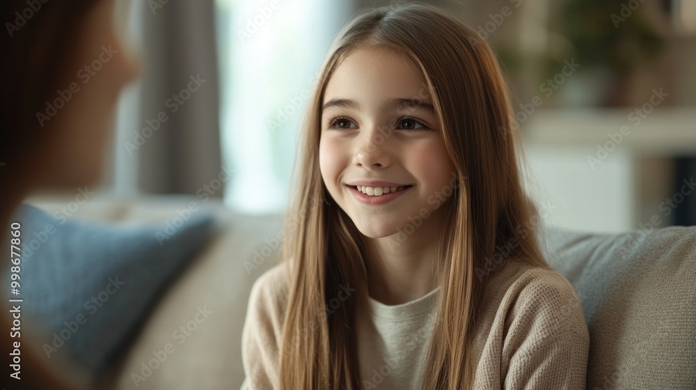 Young girl with long brown hair smiling, looking at someone off camera. Young girl with long brown hair smiling, looking at someone off camera.