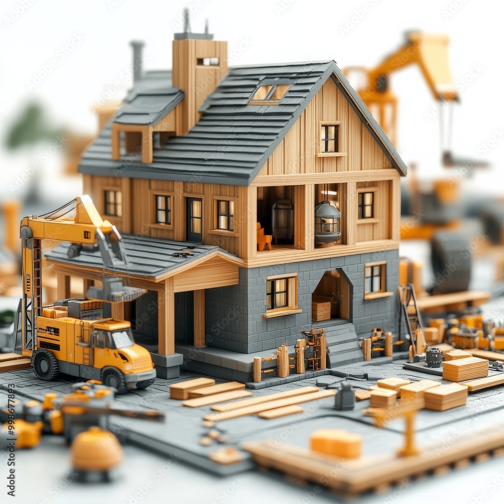 A miniature wooden house under construction. A miniature wooden house under construction.