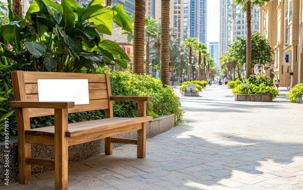 Wooden bench in a landscaped plaza surrounded by palm trees and modern buildings, ideal for relaxation. Wooden bench in a landscaped plaza surrounded by palm trees and modern buildings, ideal for relaxation.