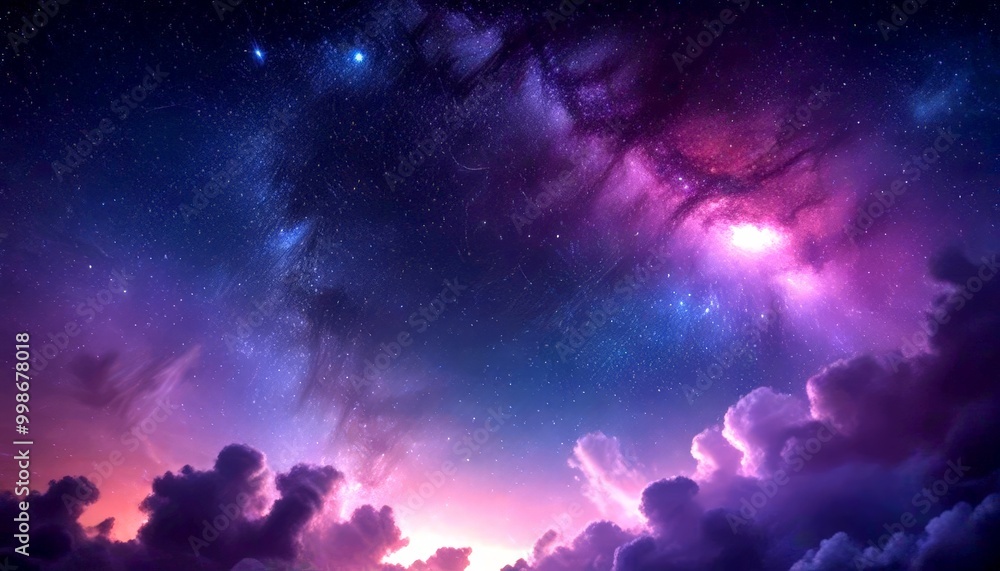 Obraz premium A breathtaking night sky filled with a multitude of stars, a vibrant galaxy, and a stunning display of clouds in shades of purple and pink, creating a captivating and