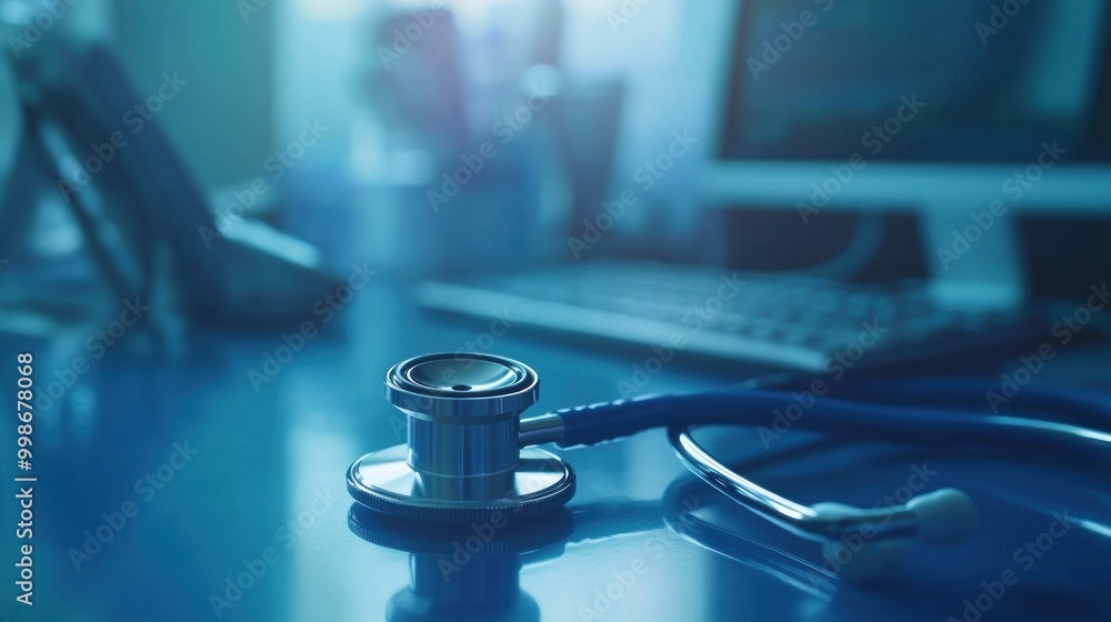 A silver stethoscope on a blue surface in a doctor's office, with a computer in the background. A silver stethoscope on a blue surface in a doctor's office, with a computer in the background.