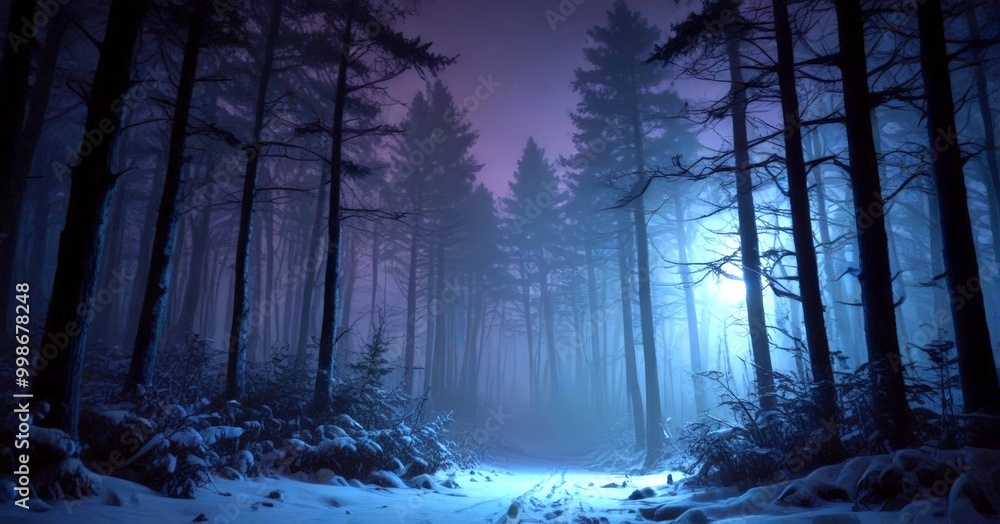A moonlit forest path winds through a dense, snow-covered woodland, with tall trees and a purple sky overhead A moonlit forest path winds through a dense, snow-covered woodland, with tall trees and a purple sky overhead