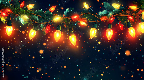 Golden and Red Christmas Lights Garland on Dark Background