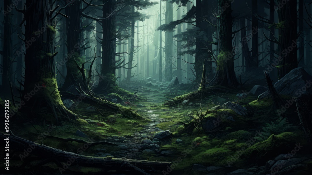 Fototapeta premium Dark and horrible night forest scenery. Neural network ai generated art