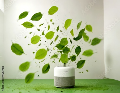 A white and gray speaker emitting green leaves, set against a white background photo