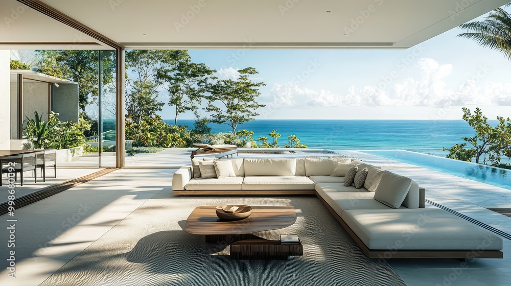Fototapeta premium A beachfront villa patio lounge, designed with sleek, modern furnishings, opens up to breathtaking ocean views, offering an escape into coastal luxury