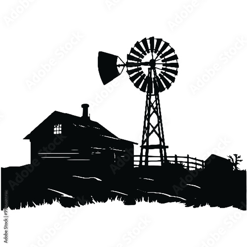 old windmill silhouette vector illustration