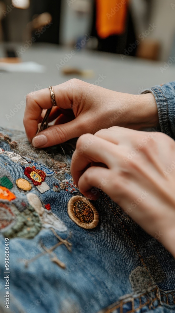 Obraz premium Creative upcycling in fashion: hands crafting unique denim designs for sustainability projects