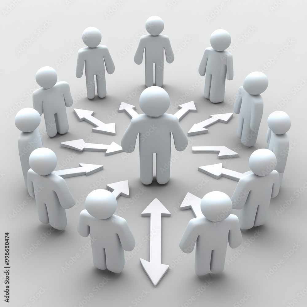 A central figure surrounded by others with arrows pointing in different directions. A central figure surrounded by others with arrows pointing in different directions.