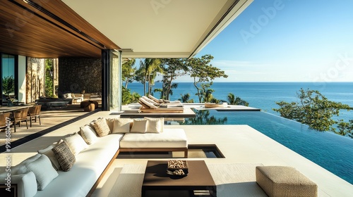 A beachfront villa patio lounge, designed with sleek, modern furnishings, opens up to breathtaking ocean views, offering an escape into coastal luxury