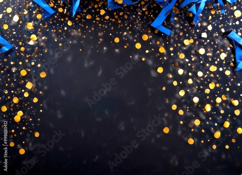 a dark background with scattered gold confetti and blue streamers, creating a festive and celebratory atmosphere photo