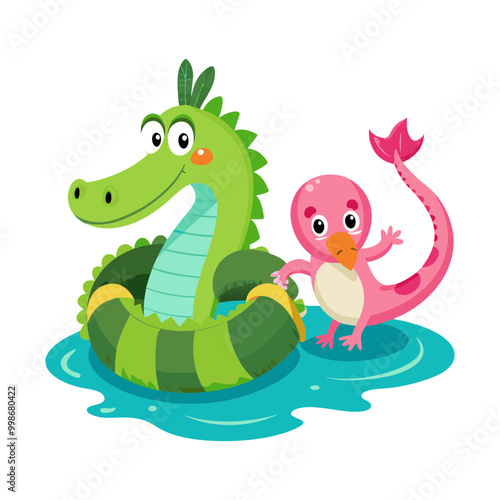 Download Cute Crocodile With Flamingo Swimming Tires Cartoon Vector Eps File For Design.