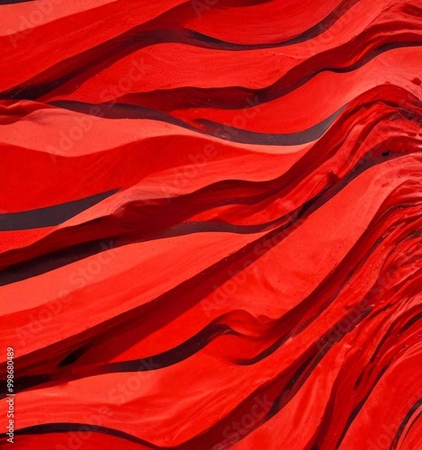 a close-up view striking red sand dune with black lines running through it, creating a mesmerizing pattern photo