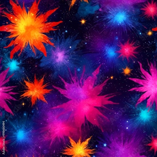 a vibrant, abstract pattern of colorful fireworks exploding against a dark background, creating a sense of movement and energy photo