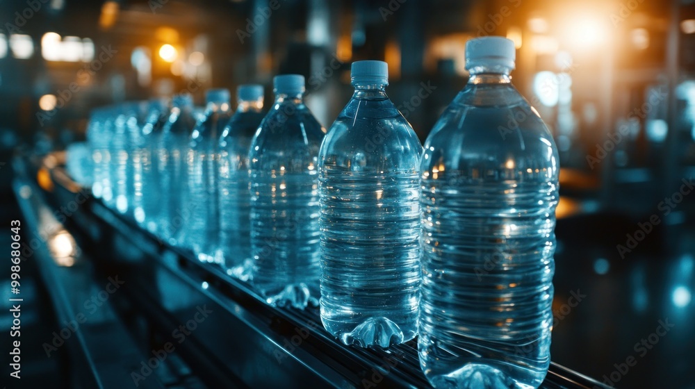 Closeup of water bottles on a conveyor belt in a factory. Closeup of water bottles on a conveyor belt in a factory.