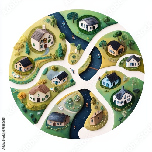 Illustration of diverse homes surrounding a winding river in a scenic layout with green landscapes.