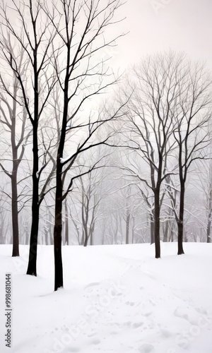 A snowy winter scene with bare trees and a path through the snow