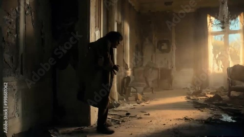 person walking in the old, abandoned house horror scene  photo