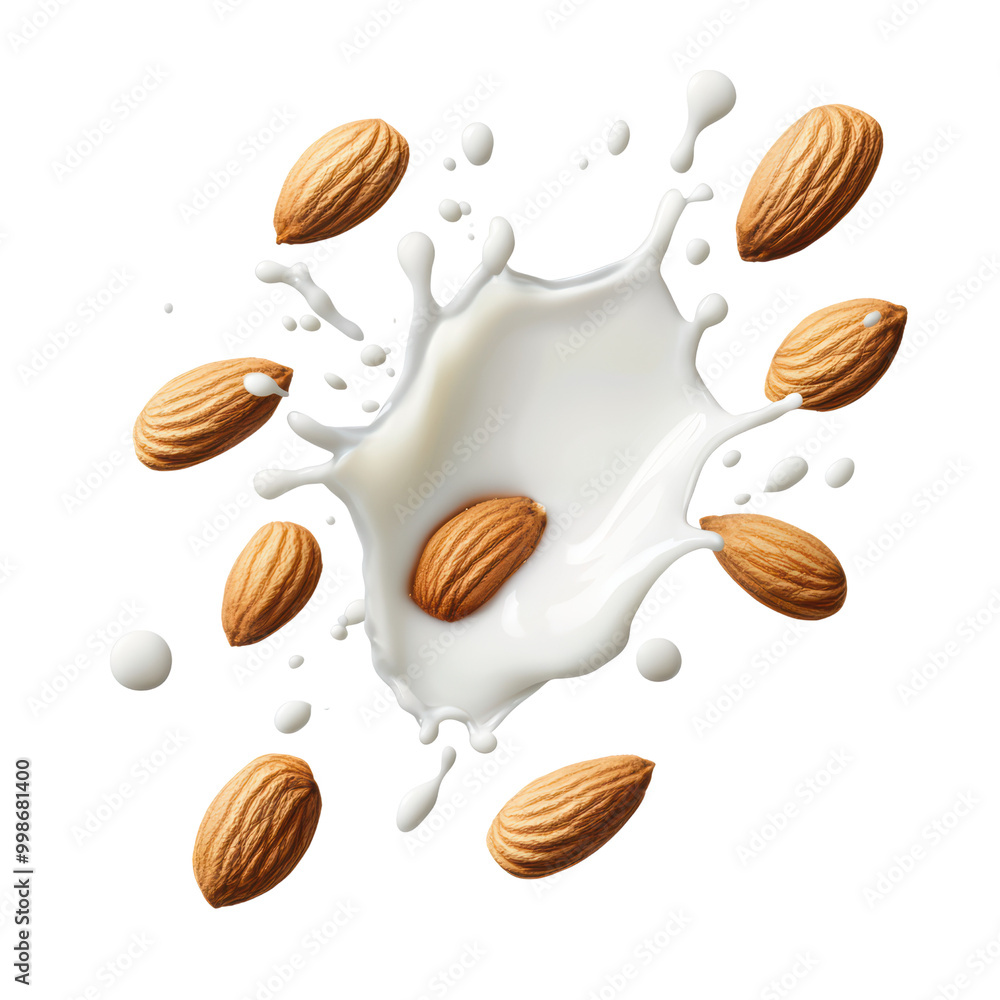 Almonds splashing in creamy milk Almonds splashing in creamy milk