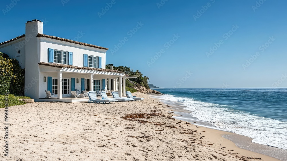 A chic coastal home, with pristine white walls and blue shutters, perched on a sandy beach with the ocean waves gently crashing in the distance A chic coastal home, with pristine white walls and blue shutters, perched on a sandy beach with the ocean waves gently crashing in the distance