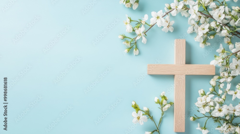 Wooden cross with blooming flowers on a blue background. Wooden cross with blooming flowers on a blue background.