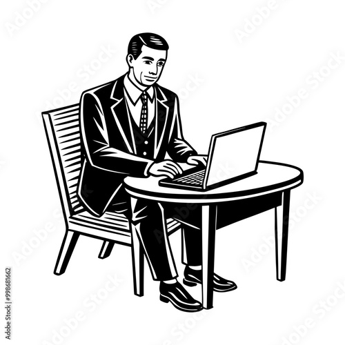 Download Man Sitting With Laptop In The Table Wearing Office Dress Eps File For Design.