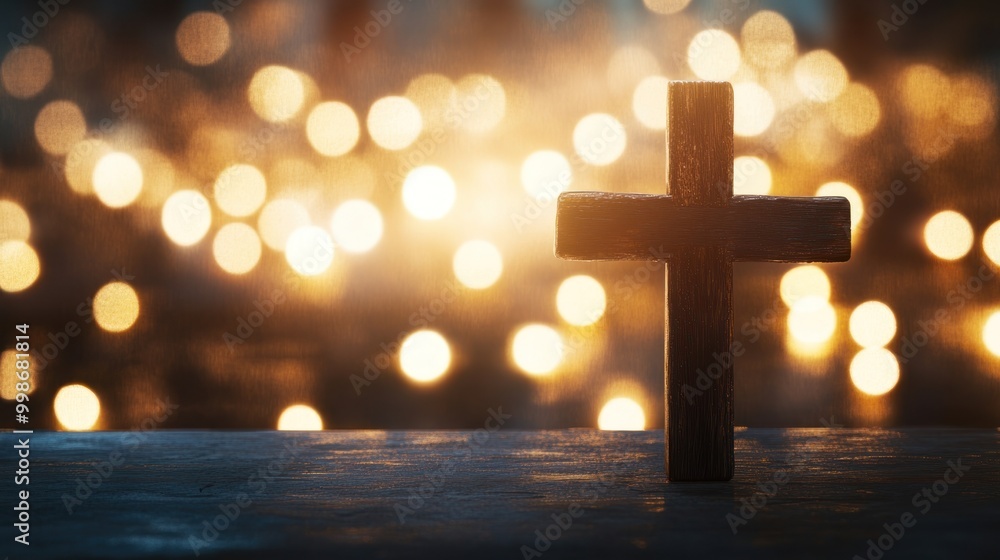 Wooden cross on a table with bokeh lights. Wooden cross on a table with bokeh lights.