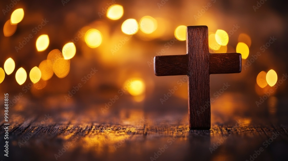 Wooden cross standing on a wooden surface with a bokeh background of yellow lights. Wooden cross standing on a wooden surface with a bokeh background of yellow lights.