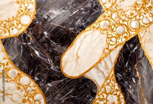 a close-up view marble surface with intricate gold designs and patterns photo