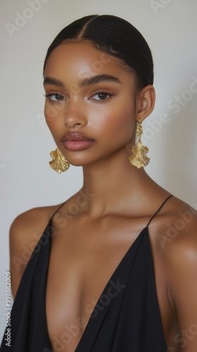 Elegant sculptural jewelry model with gold leaf earrings for fashion editorial