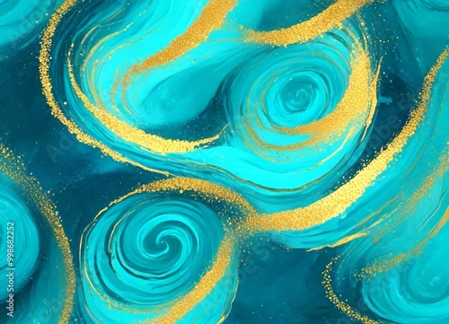 a swirling pattern of turquoise and gold hues, with gold glitter accents adding a touch of sparkle The swirling pattern is set against a dark blue background, creating a photo