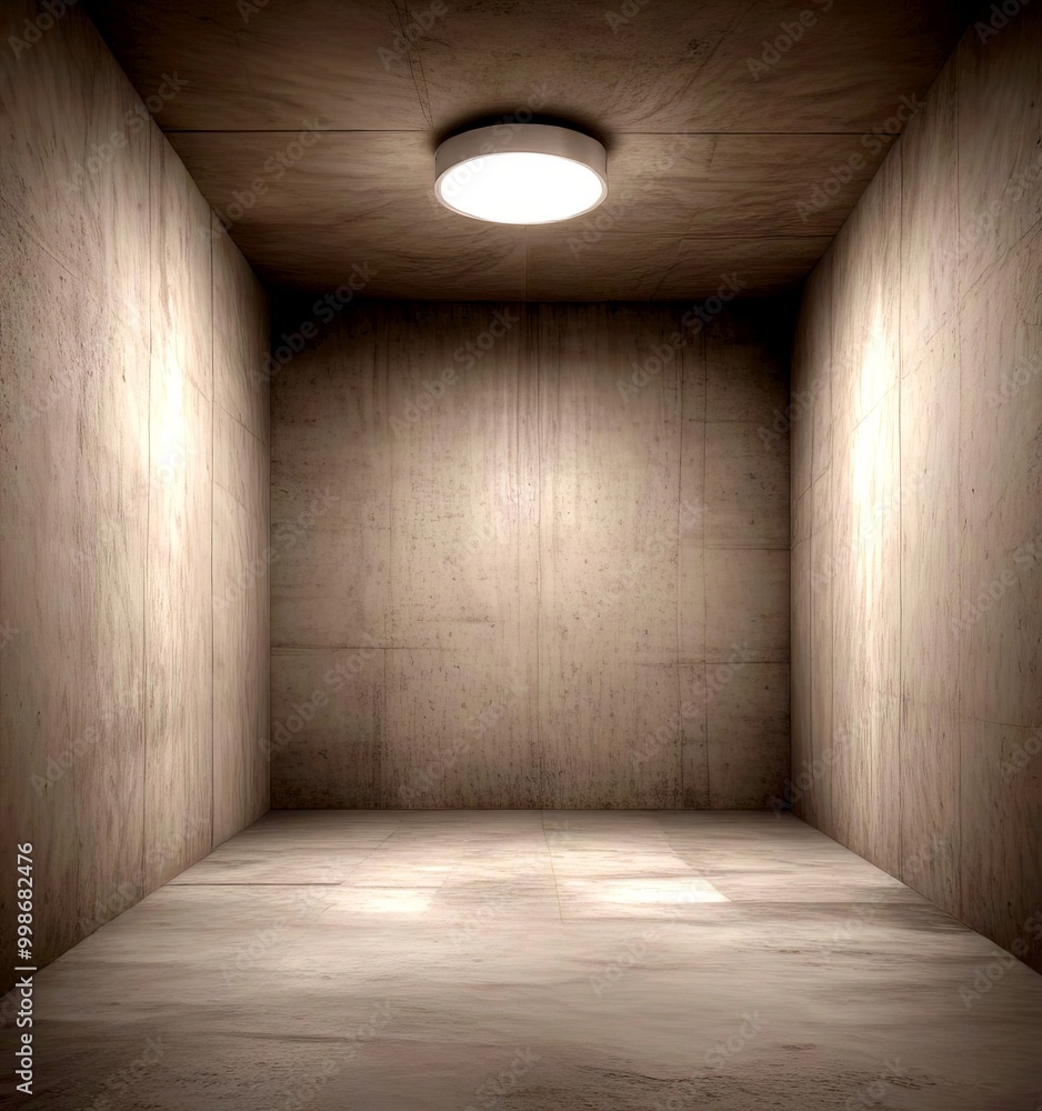 A dimly lit, concrete room with a circular light fixture hanging from the ceiling, creating a sense of solitude and tranquility A dimly lit, concrete room with a circular light fixture hanging from the ceiling, creating a sense of solitude and tranquility