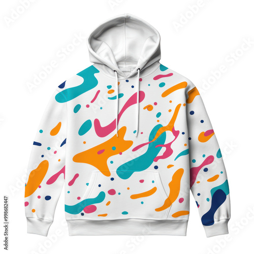 Colorful abstract design on a white hoodie