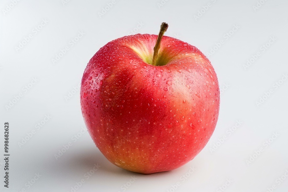 Red apple with water droplets on its skin sits on a white background Red apple with water droplets on its skin sits on a white background